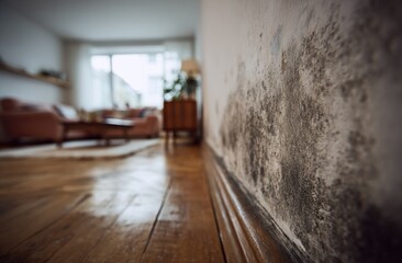 Close-up of mold growth on a wall in a residential room