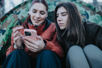 Two women outdoors, sharing a moment while looking at a smartphone. They sit beside a camouflage tent on a hiking trip. © qunica.com