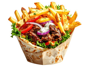 A wrap with meat, veggies, fries, and sauce, presented artfully