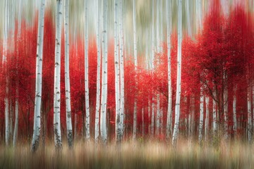 Blurry tall white trunks with vibrant red foliage in autumn