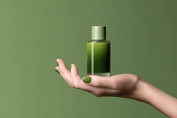 Elegant hand holding a green glass perfume bottle against a soft green backdrop