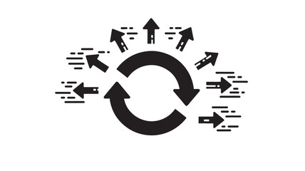 A circular diagram depicts arrows pointing inward and outward illustrating a continuous flow or cyclical process in black