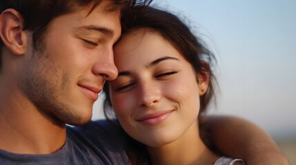 Fototapeta premium A young couple embraces closely eyes closed in serene happiness and shared affection under warm soft light