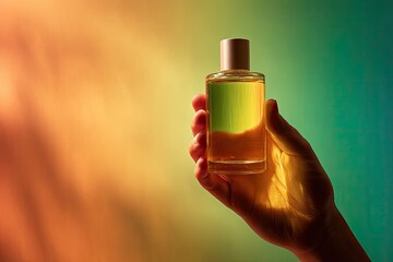 Hand holding glass bottle with golden liquid, colorful background