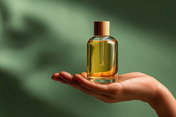 Hand holding clear glass bottle with golden liquid, soft shadow backdrop