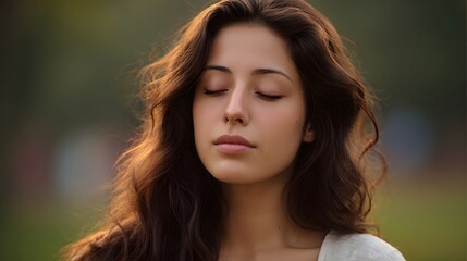 Fototapeta premium Peaceful young woman with closed eyes finding calm and serenity in a soft natural outdoor environment during early morning light