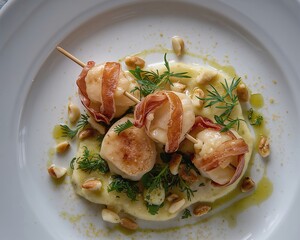 Scallop appetizer with bacon nut and herb on plate