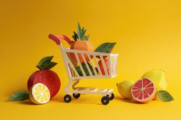 Miniature paper grocery cart filled with colorful, crafted fruit on a bright yellow surface