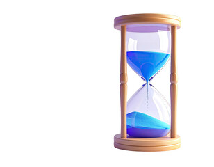 Detailed view of a wooden hourglass with vibrant blue sand flowing