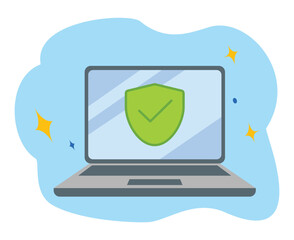Laptop with checkmark. security system and data protection