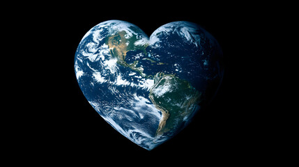 Heart shaped earth from space showing continents and oceans with dark background and bright colors
