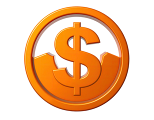 Orange coin design with a dollar symbol, cutouts, and 3D effect