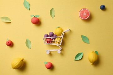 A whimsical, overhead view of a miniature shopping cart overflowing with colorful paper fruits