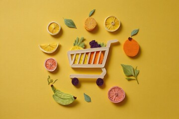 Whimsical paper crafts of a shopping cart filled with colorful fruits and vegetables