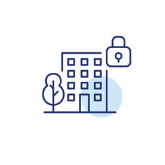 Apartment building, tree and lock. Urban security, public safety and smart city access and control. Pixel perfect, editable stroke vector icon