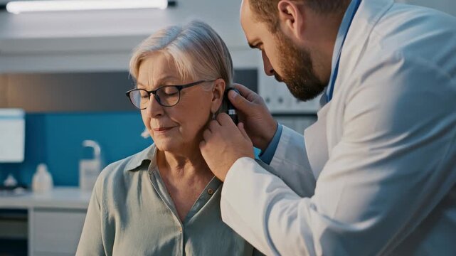 Elderly Woman Receiving Hearing Test from Doctor in Modern Clinic