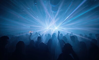 Silhouettes of a dancing crowd illuminated by vibrant laser lights in a dark club