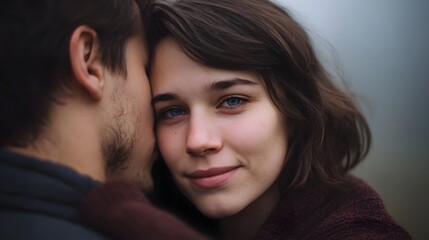 A close up portrait of a loving couple embracing in a soft misty outdoor setting capturing a moment of int y