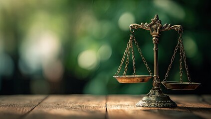Ornate scales of justice, balanced on a rustic wooden surface with bokeh