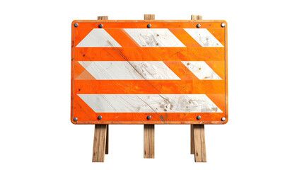 Weathered orange and white striped barricade with wooden support legs