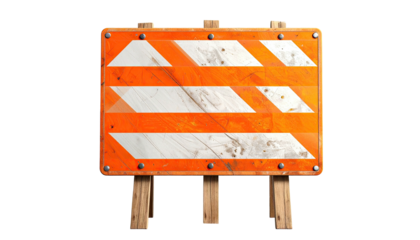 Weathered orange and white striped barricade with wooden support legs