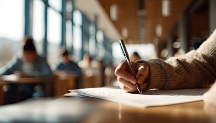 Student in classroom taking test, writing with pen on paper