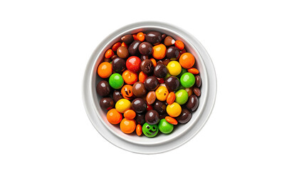 A bowl overflowing with colorful candies of various sizes and hues