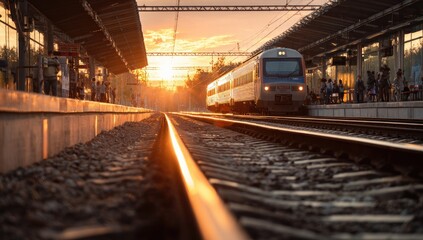 Train approaching a station platform at sunset, golden light reflecting on tracks
