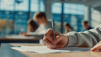 Close-up of a hand writing on paper with a pen in a bright, sunlit classroom