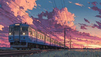 A train travels through a field at sunset with dramatic clouds