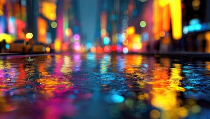 Wet city street reflecting neon lights and blurred buildings at night