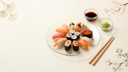 Sushi platter with nigiri, maki, and sashimi assortment