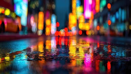 Wet city street reflecting vibrant neon lights after rain