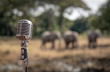 Vintage microphone stands before elephants in a grassy, wooded landscape