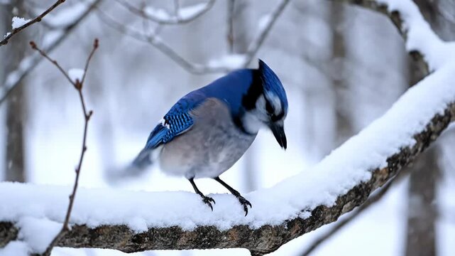 A blue jay standing on a snowy branch in a winter woodland scene with snow covered trees