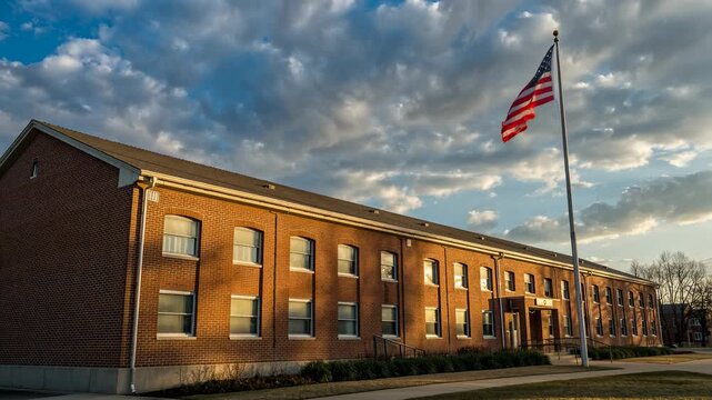 Historic brick building with American flag waving under a dramatic sky