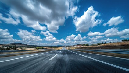 Motion blur captures a vast, empty highway stretching towards a horizon under a bright sky