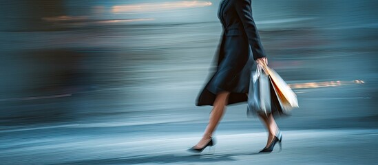 Blurred motion of a woman walking with shopping bags