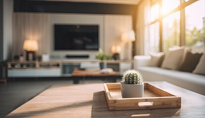 Cozy sunlit living room with a small cactus on a coffee table