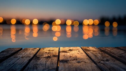 Weathered wooden planks on a dock by a shimmering water at dusk