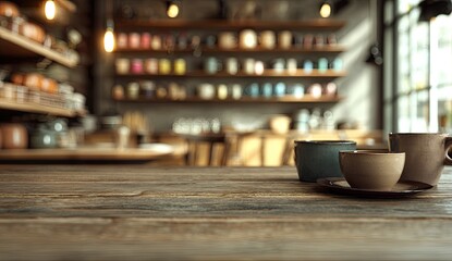 Rustic wooden table in cafe with blurred shelves of mugs in background