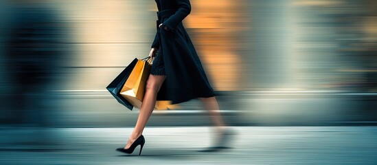 Elegant person in motion, carrying shopping bags with style, blurring street background