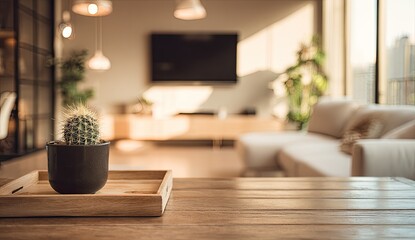 Cozy living room with cactus on table, sunlight, and sofa