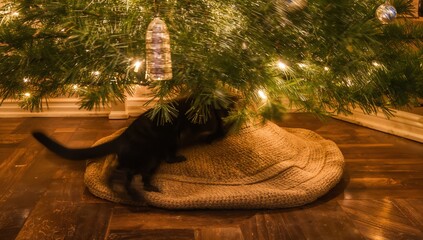 Black kitten plays under a Christmas tree