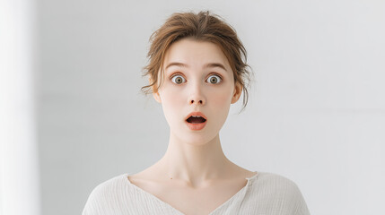 明るい白い背景の前で、白人の女性が目を目一杯に見開き、口をポカンと開けて驚いている表情を正面から捉えたポートレート