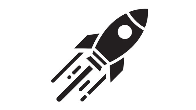 A simple black and white illustration depicts a rocket ship with flames trailing symbolizing space exploration and technological advancement