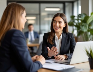 A businesswoman holds a project meeting and works on a laptop in an office among colleagues.