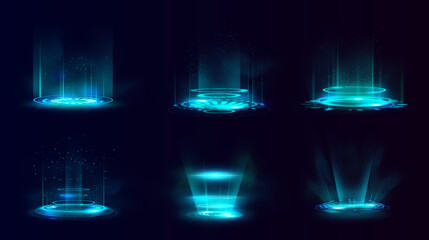 Blue hologram futuristic circle portal vector set, magic round teleport with glow rays and sparks, energy light rings © sabelskaya