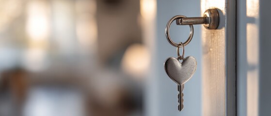 Close up of key with heart shaped keyring in a door lock against soft background