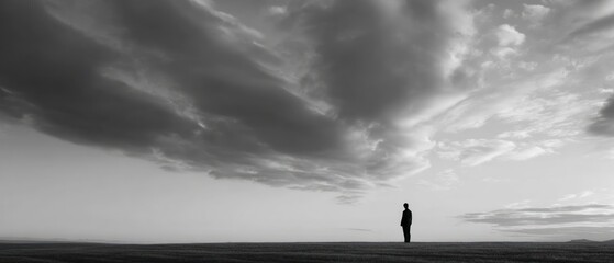 Silhouette of a person standing alone under dramatic cloudy sky